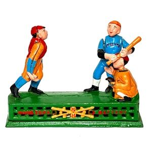 Vintage Cast Iron Hometown Battery Baseball Mechanical Coin  Bank Toy